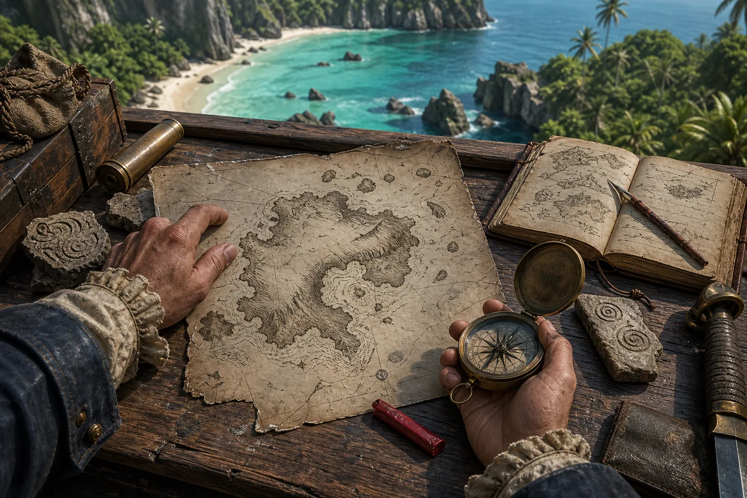 Original illustration of a pirate chart, compass, and tropical treasure route