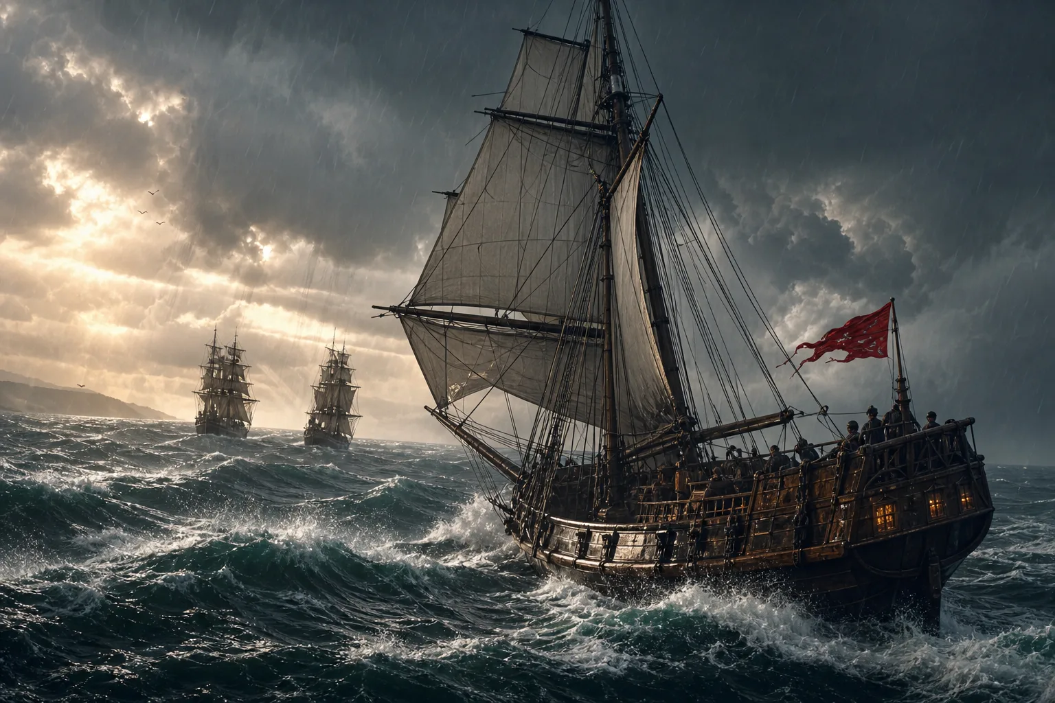 Original illustration of two sailing ships in a stormy Caribbean battle
